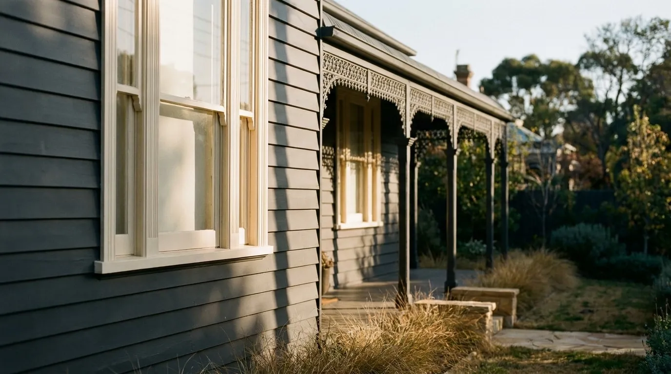 Heritage weatherboard facade in charcoal with crisp white timber window frames and Victorian verandah fretwork, in late afternoon light