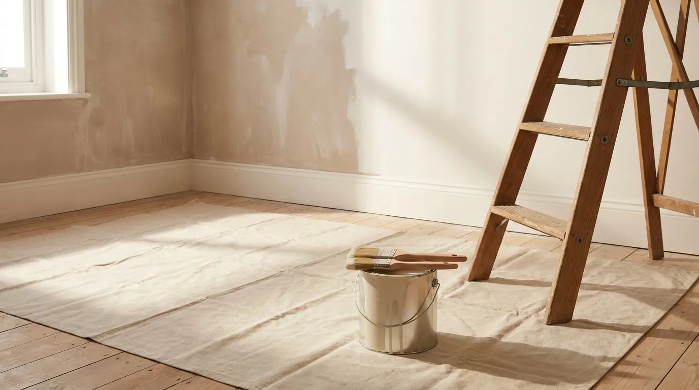 An empty room prepared for painting — canvas drop sheet, an open tin of warm white paint, brushes and a timber stepladder in soft window light